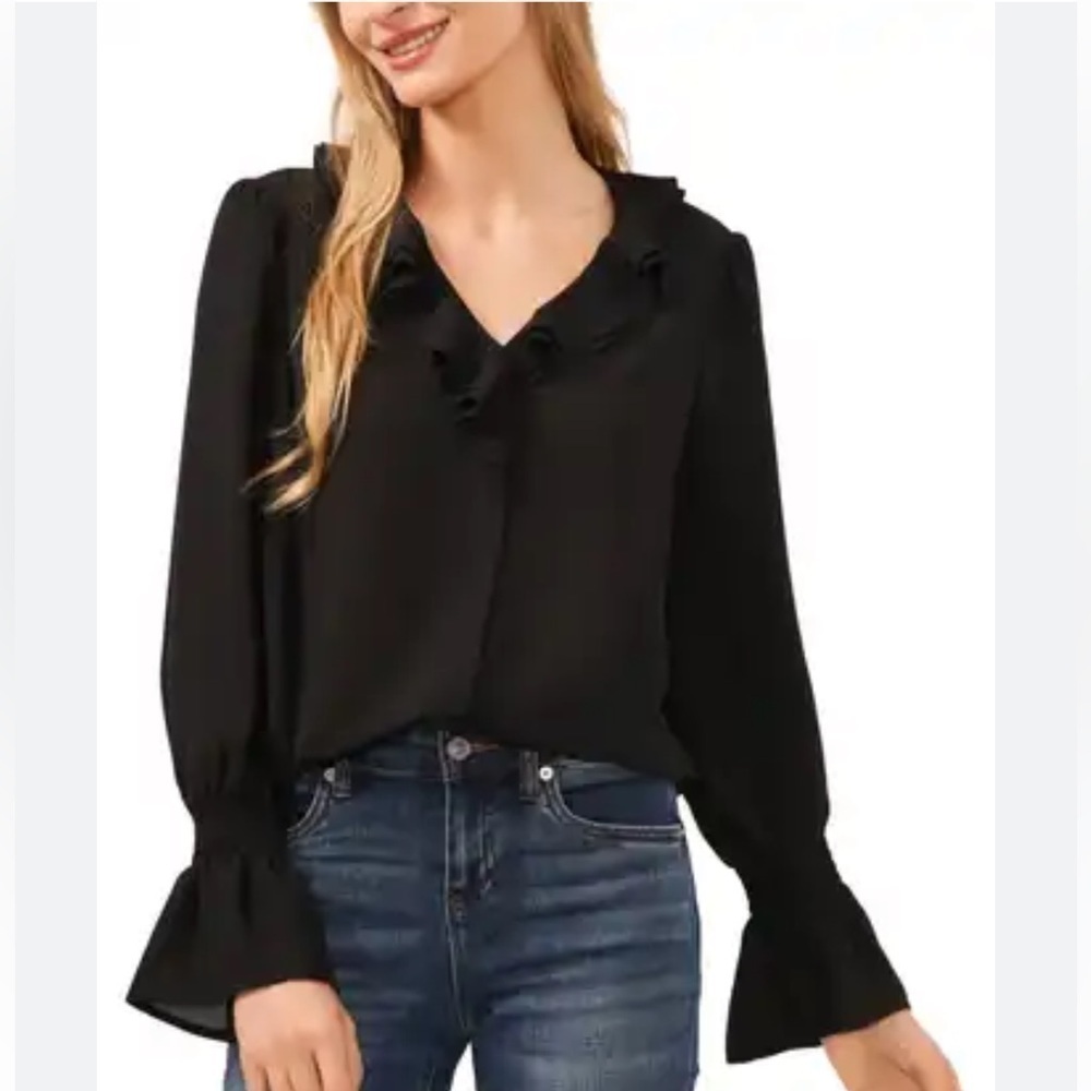 CeCe black ruffle neckline and ruffle sleeve v-neck blouse